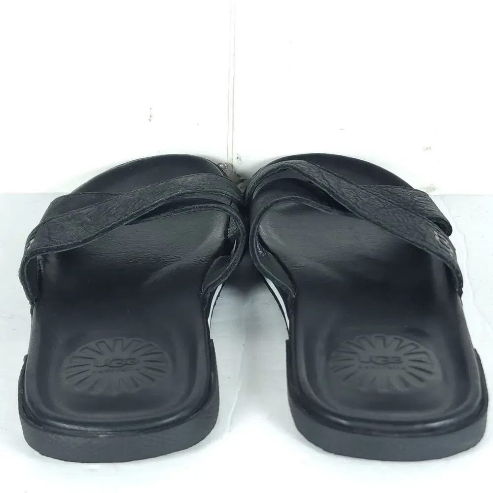 UGG Men's Brookside US 7 Black Leather Criss Cross Flat Slide Sandals Shoes
